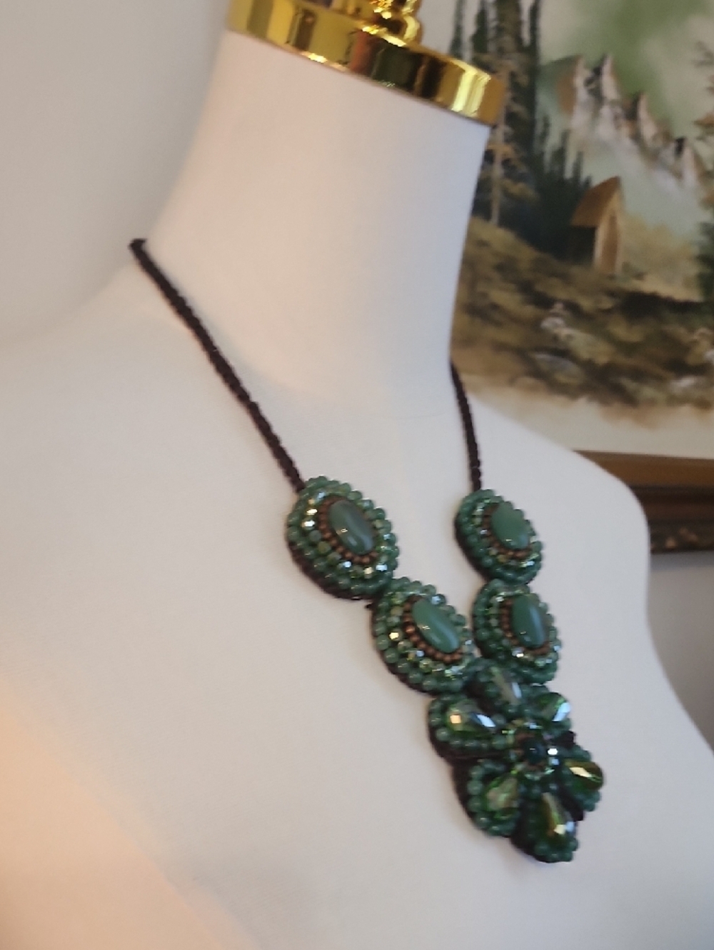 Green Beaded Statement Necklace Floral Cluster Bib Braided Cord - Picture 4 of 10
